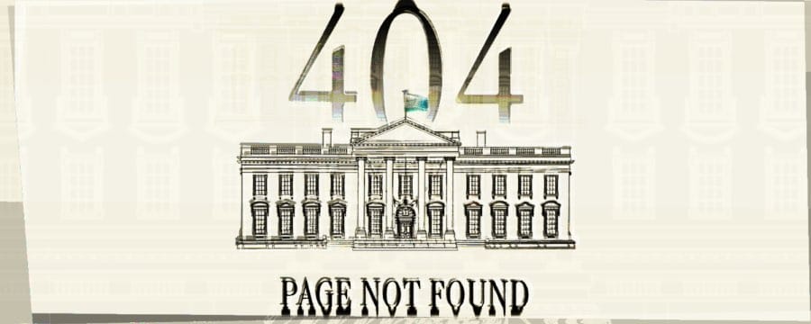 Glitchy stylization of 404 Page Not Found on Whitehouse.gov
